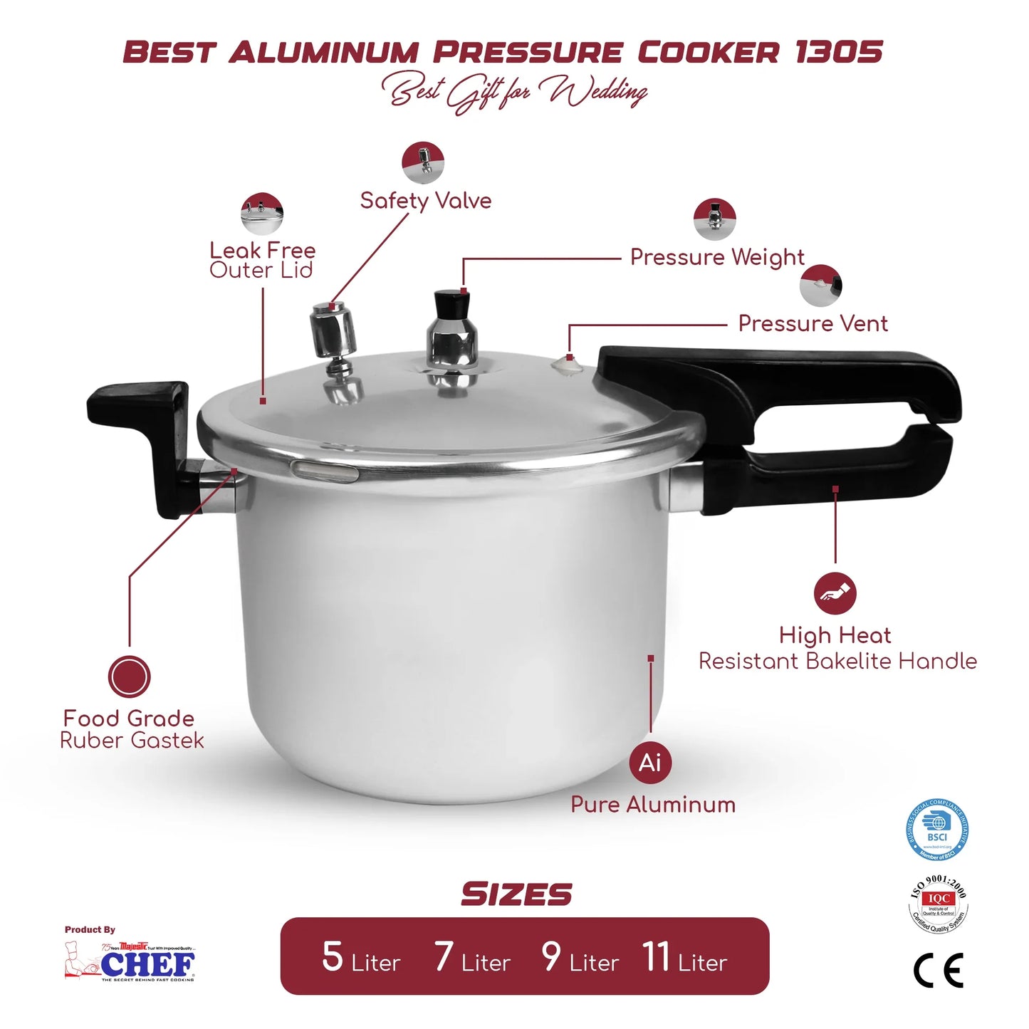 CHEF Best Aluminum Pressure Cooker - 1305 - 11 Liter