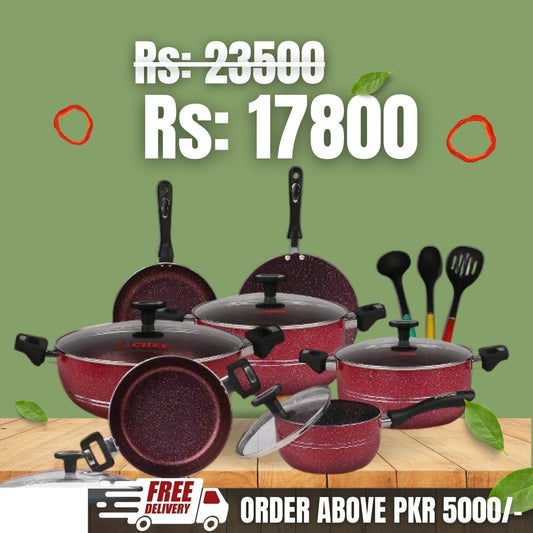 Chef Best Aluminum Non Stick Kitchen Set 15 Pcs New Arrival Cookware Set - Maroon 330