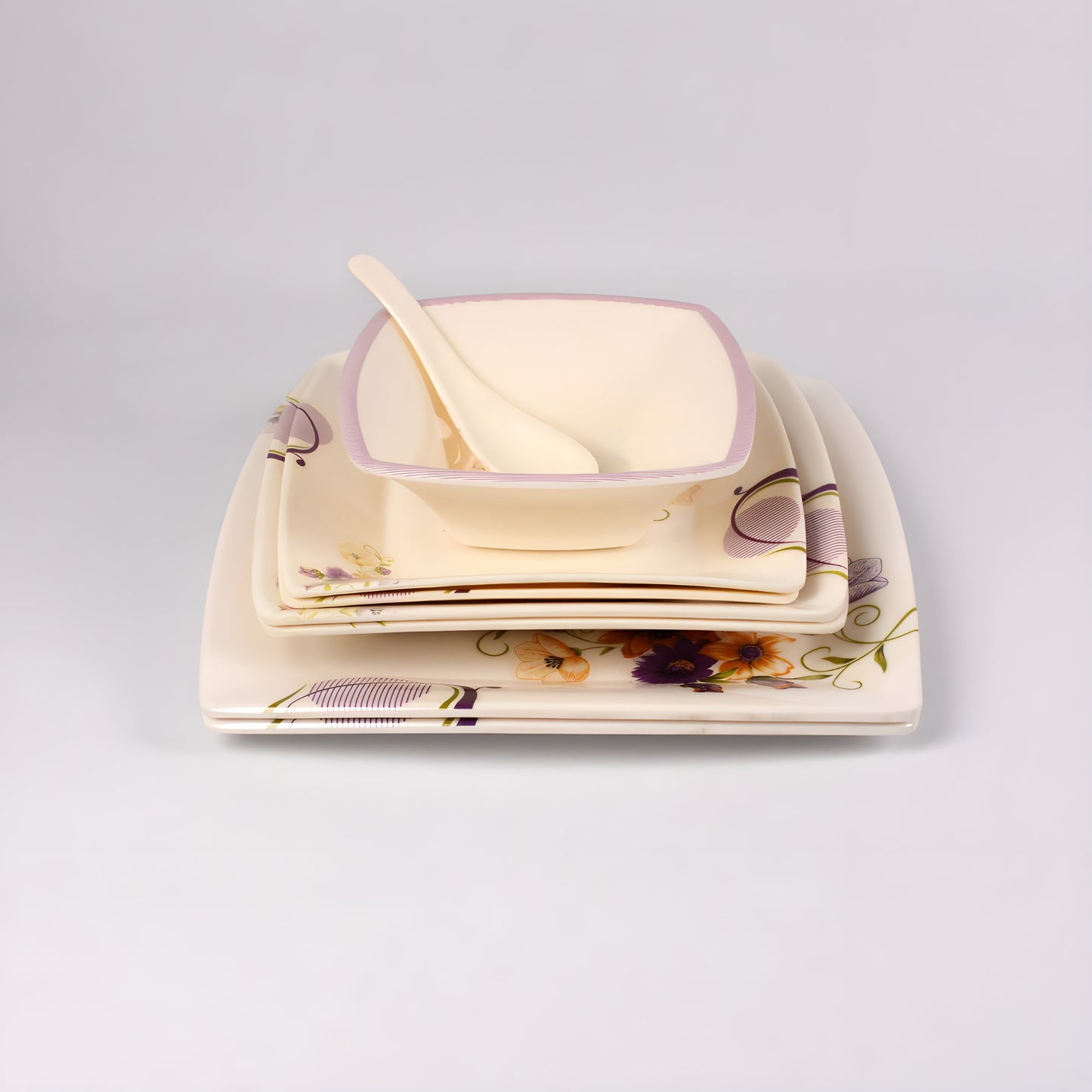 Majestic Melamine Dinner Set Crystal Coated Dinnerware 8 Persons Serving - 64 Pcs Square ROYAL DYNASTY DOUBLE GLAZE SET Made of BPA-free break resistant melamine