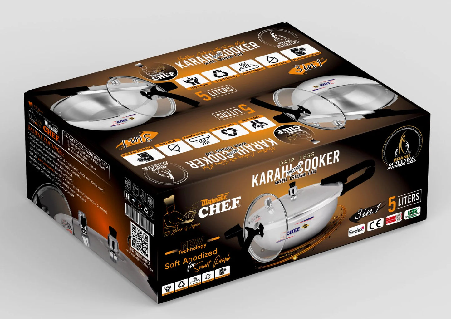 Majestic CHEF Anodized Pressure Cooker Karahi with Glass Lid 3 In 1