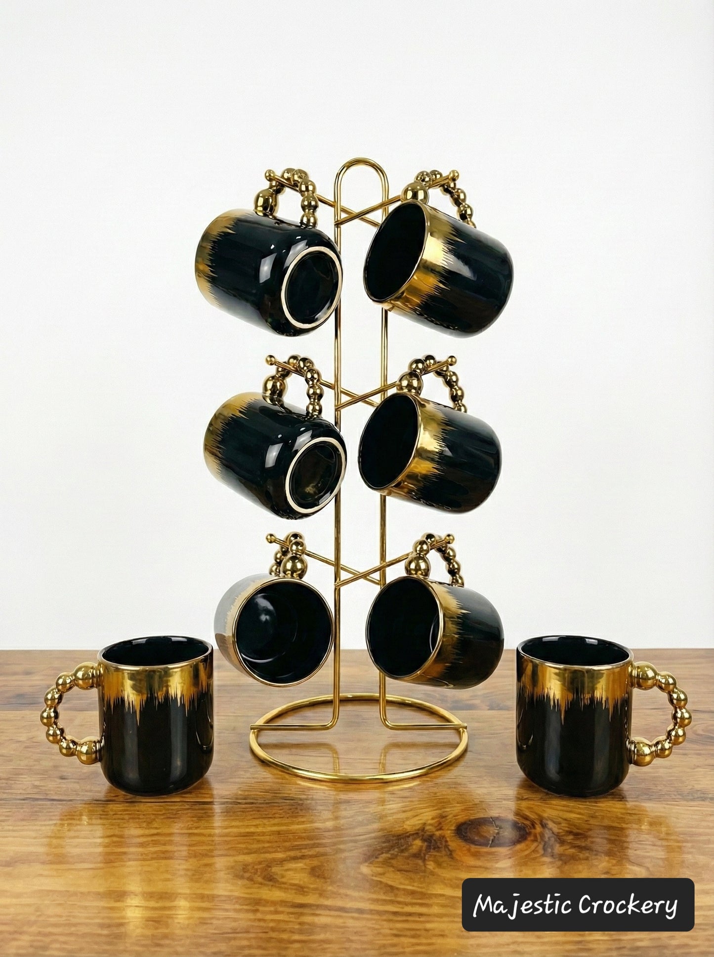 Luxury China Bone Cup Set – 6 Golden Chrome Cups with Premium Gold Metal Stand | Elegant Tea & Coffee Set