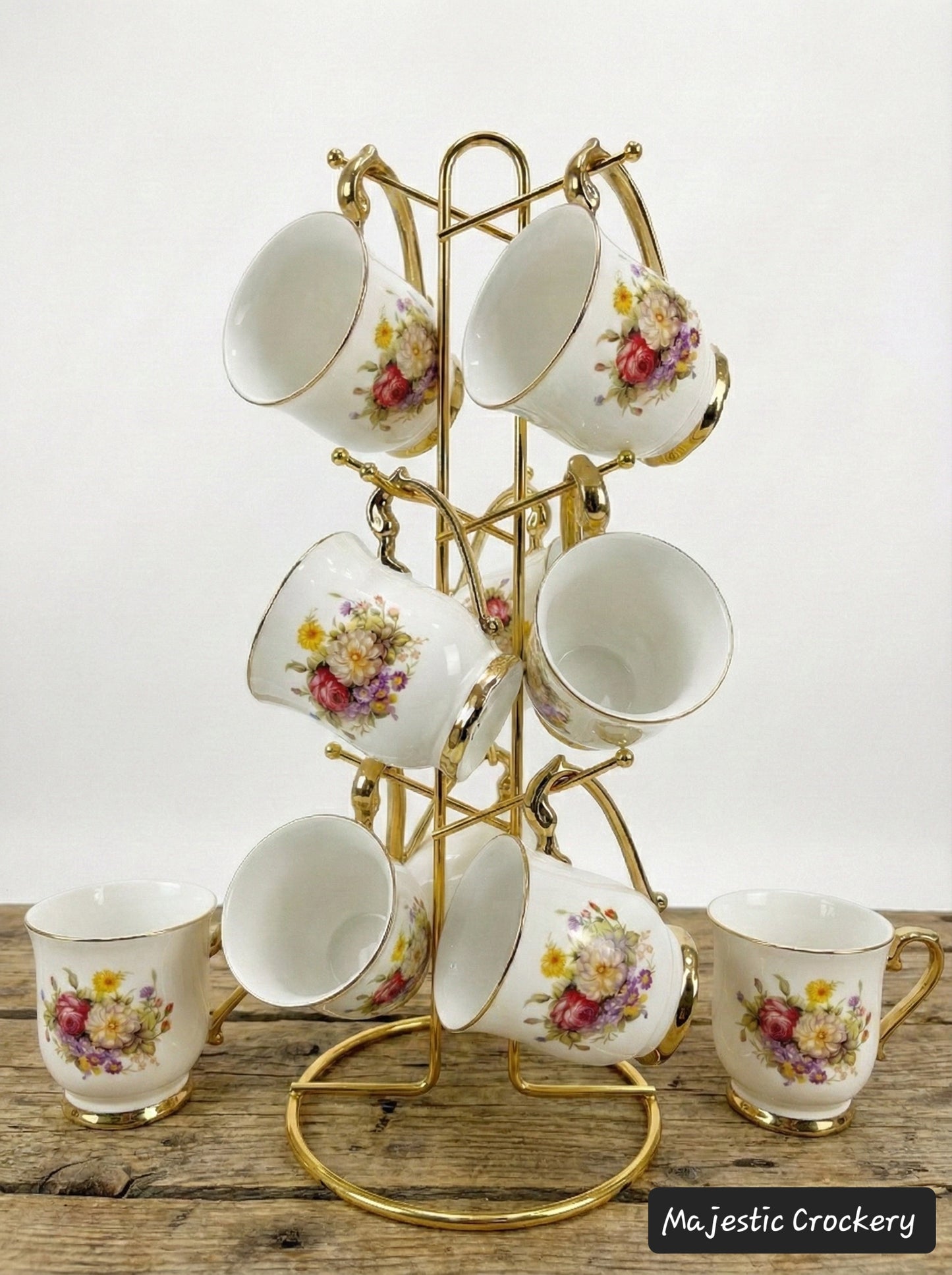 Luxury China Bone Cup Set – 6 Golden Chrome Cups with Premium Gold Metal Stand | Elegant Tea & Coffee Set