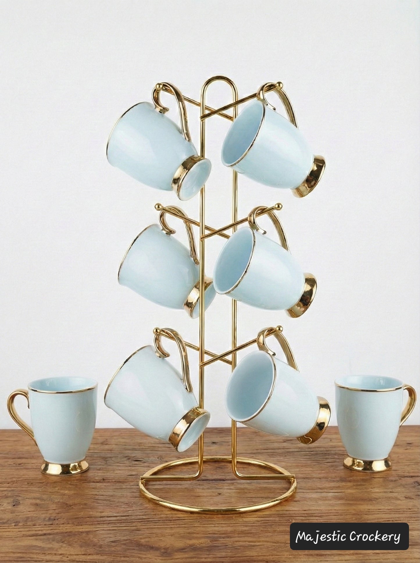 Luxury China Bone Cup Set – 6 Golden Chrome Cups with Premium Gold Metal Stand | Elegant Tea & Coffee Set