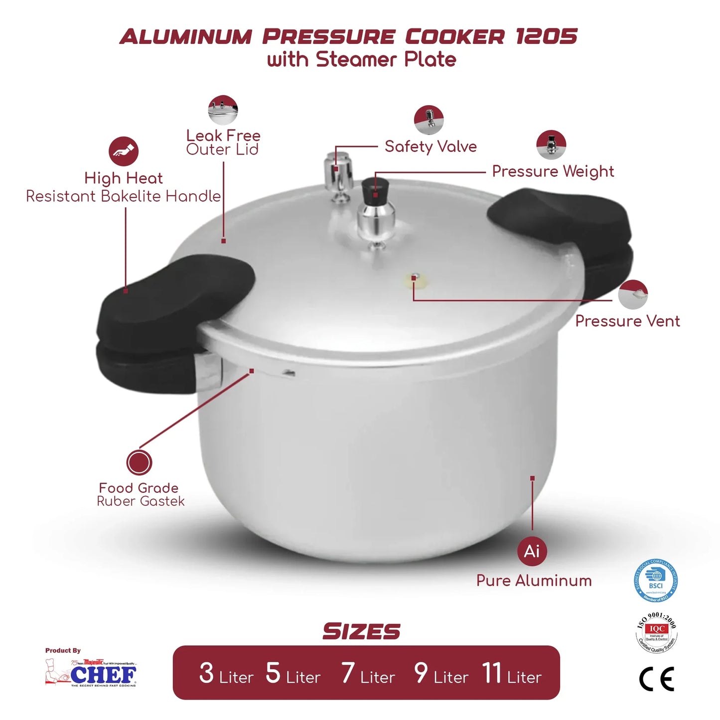 CHEF Best Pressure Cooker 1205 Aluminum Sleek Handles - [9 Liter]