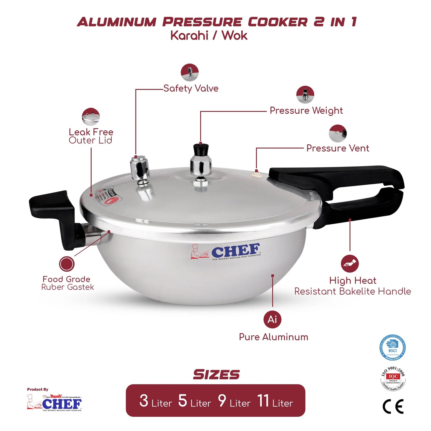 CHEF Aluminum Pressure Cooker Karahi 3 In 1 - 9 Liter