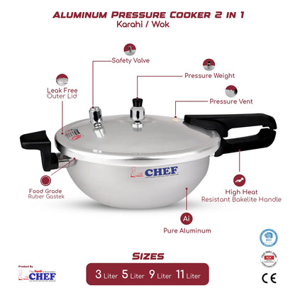 CHEF Aluminum Pressure Cooker Karahi 3 In 1 - 9 Liter
