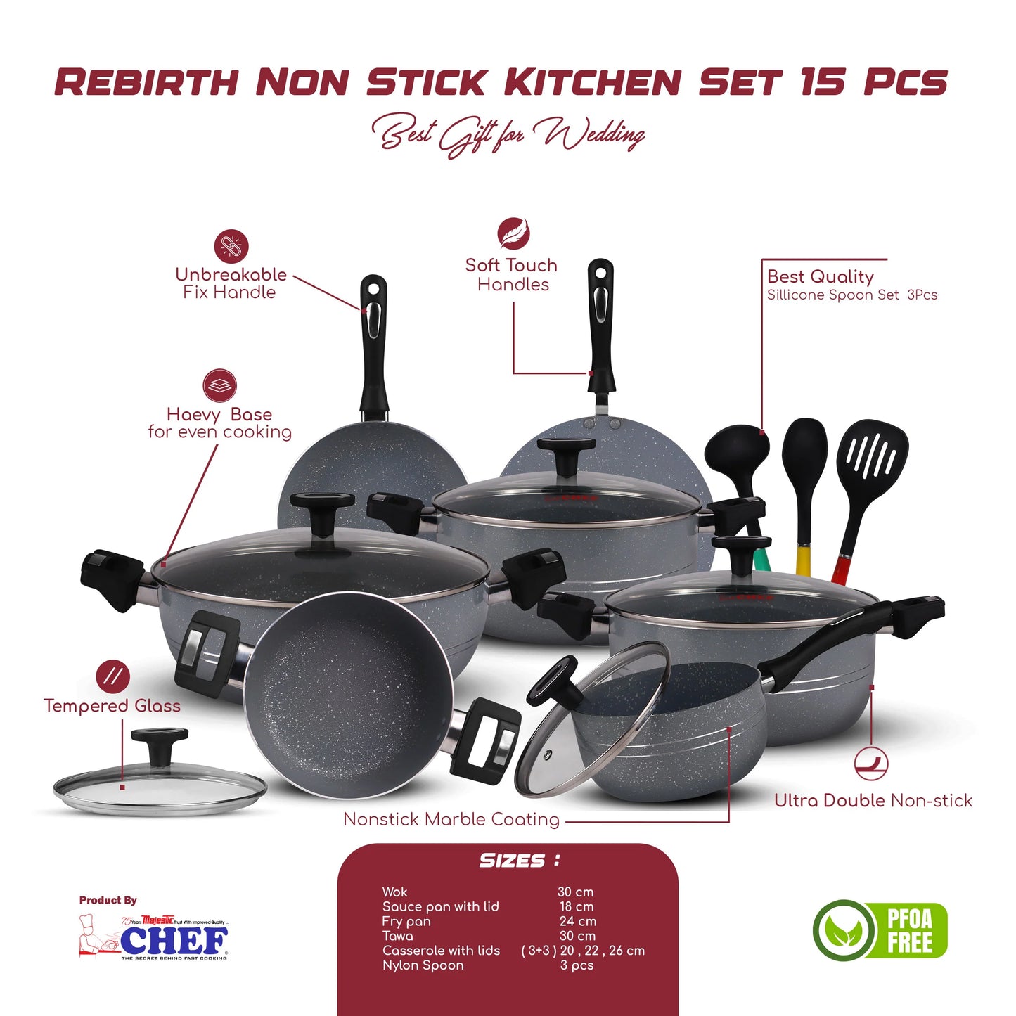 Chef Best Aluminum Non Stick Kitchen Set 15 Pcs New Arrival Cookware Set - Marble Coating Rebirth Grey
