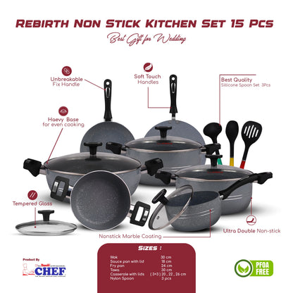 Chef Best Aluminum Non Stick Kitchen Set 15 Pcs New Arrival Cookware Set - Marble Coating Rebirth Grey