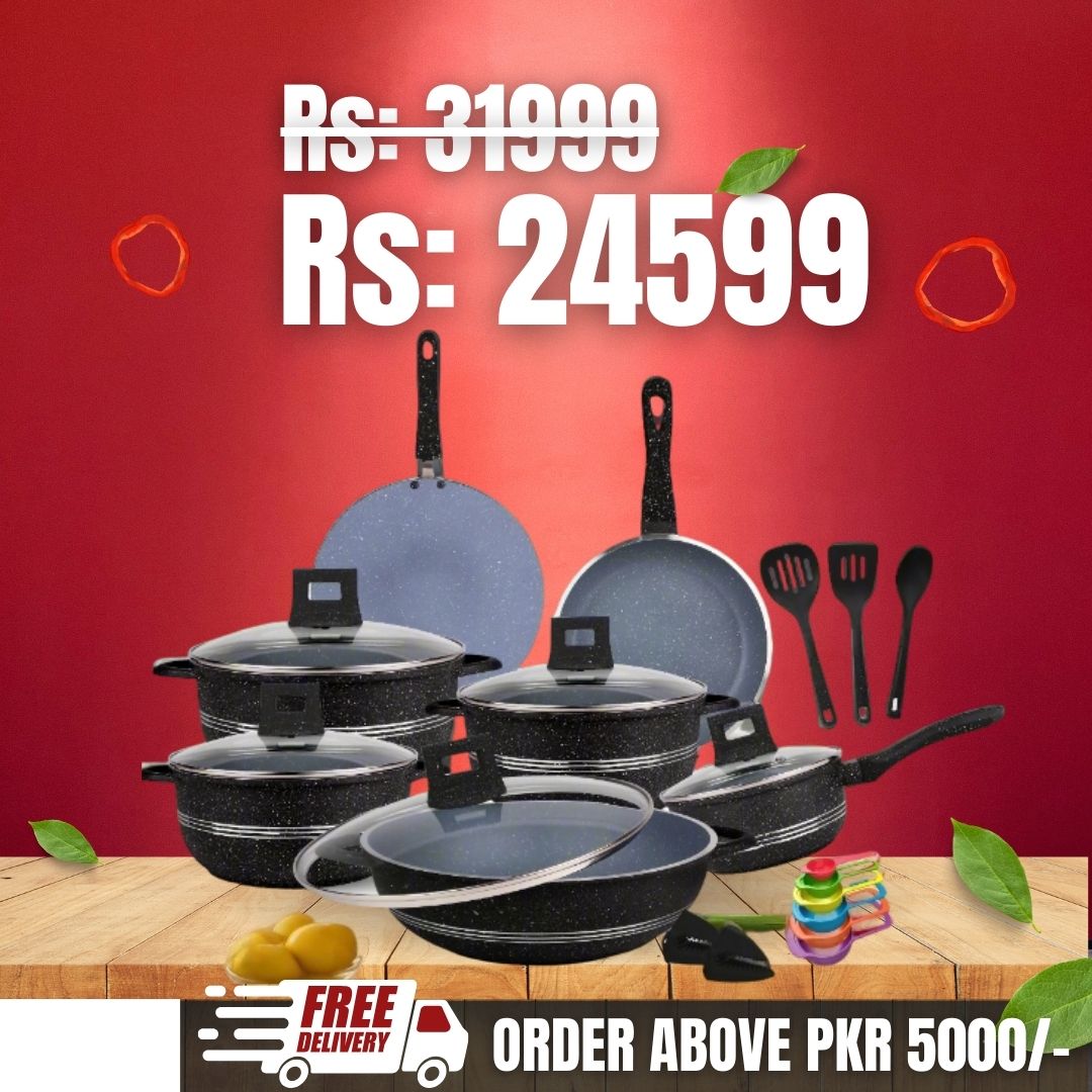 Majestic Chef Marble Coating DIE CAST NONSTICK COOKWARE SET-(23PCS)/Kitchen Set - Black