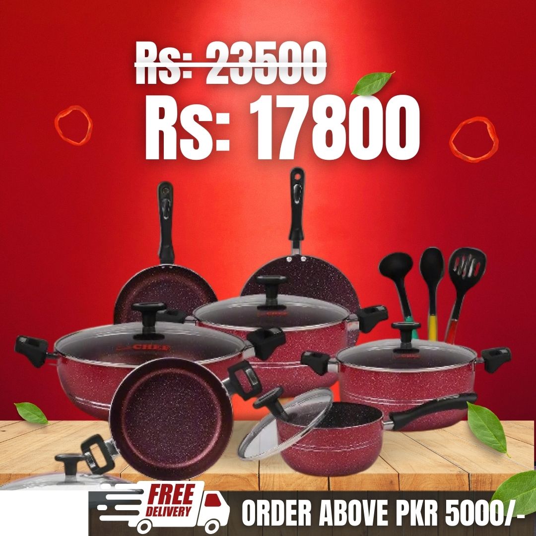 Chef Best Aluminum Non Stick Kitchen Set 15 Pcs New Arrival Cookware Set - Maroon 330
