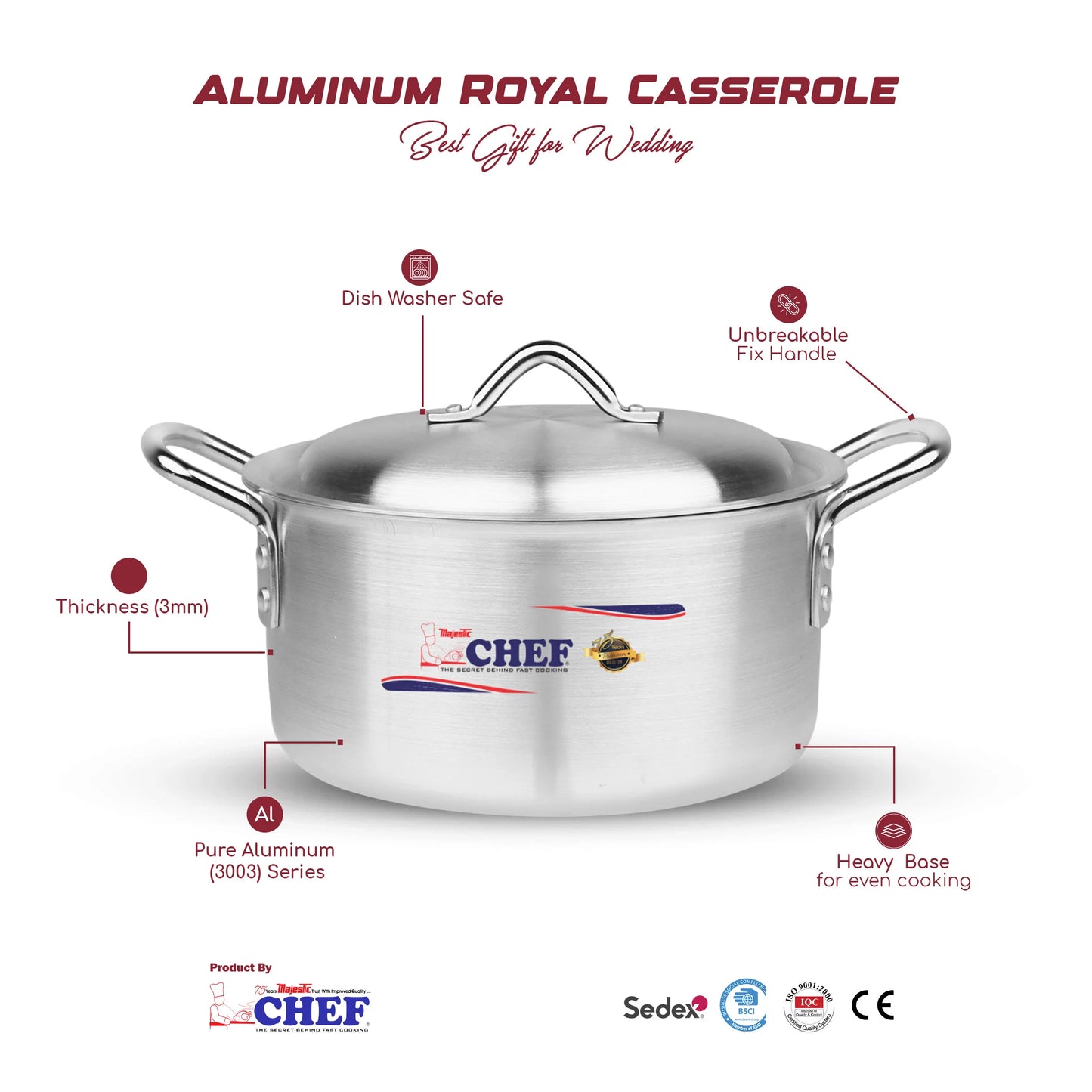 Chef Premium Quality Aluminum Casserole / Cooking Pot - Metal Finish