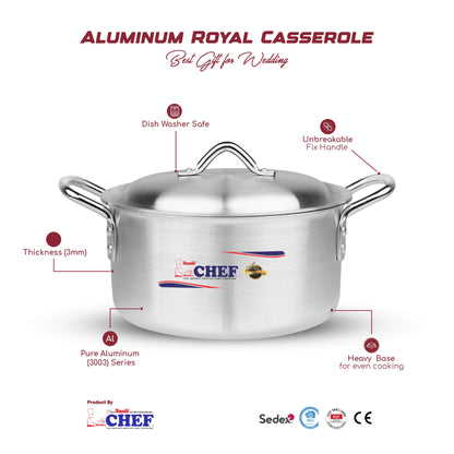 Chef Premium Quality Aluminum Casserole / Cooking Pot - Metal Finish