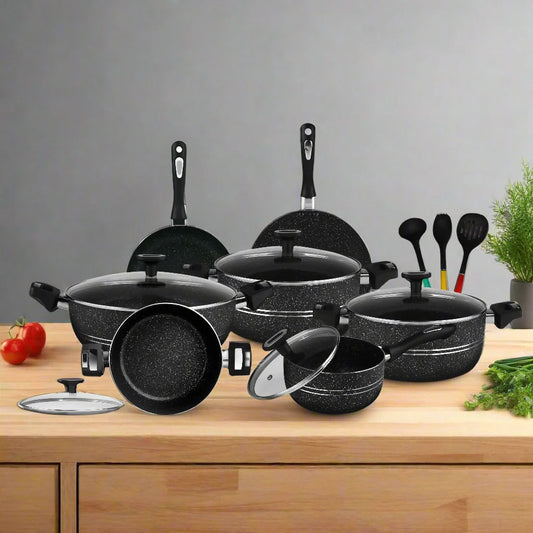 Chef Best Aluminum Non Stick Kitchen Set 15 Pcs New Arrival Cookware Set - Marble Coating Rebirth Black