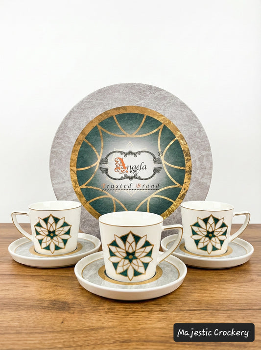 12PCs Luxury China Bone Cup Set – 6 Golden Chrome Cups with SAUCER & Premium Gift Box | Elegant Tea & Coffee Set