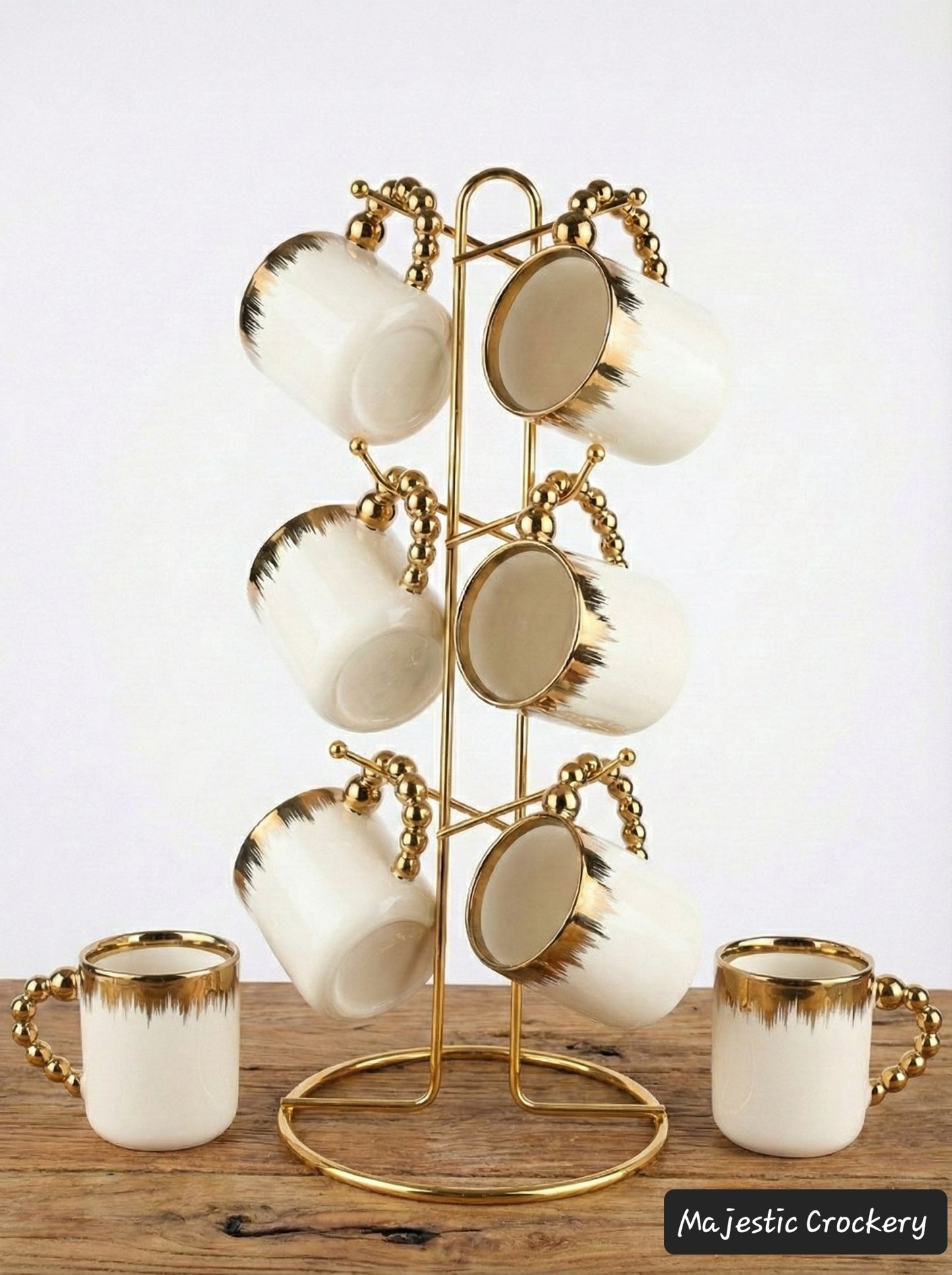 Luxury China Bone Cup Set – 6 Golden Chrome Cups with Premium Gold Metal Stand | Elegant Tea & Coffee Set