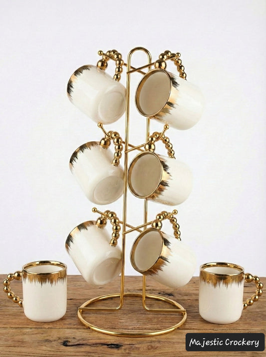 Luxury China Bone Cup Set – 6 Golden Chrome Cups with Premium Gold Metal Stand | Elegant Tea & Coffee Set