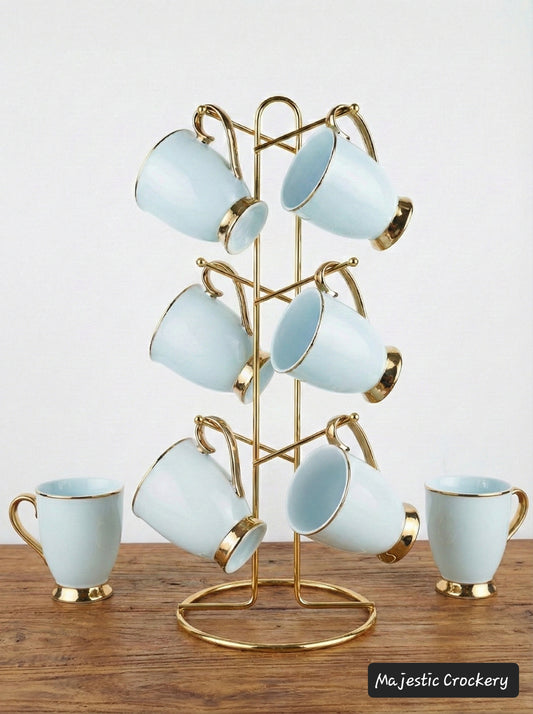 Luxury China Bone Cup Set – 6 Golden Chrome Cups with Premium Gold Metal Stand | Elegant Tea & Coffee Set