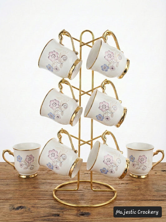 Luxury China Bone Cup Set – 6 Golden Chrome Cups with Premium Gold Metal Stand | Elegant Tea & Coffee Set